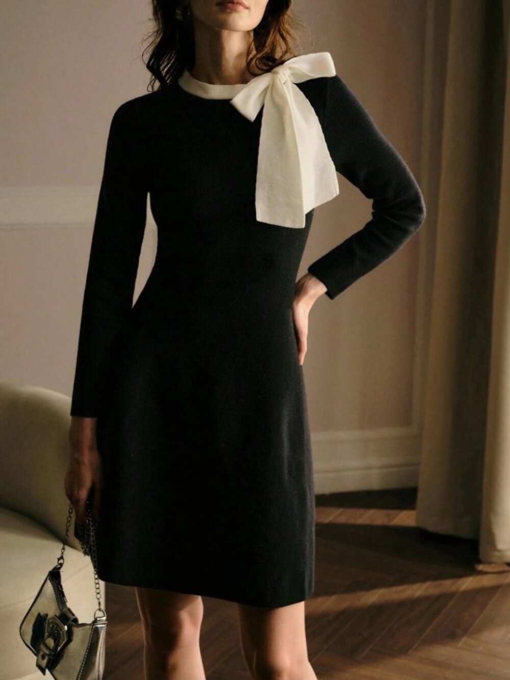 Black Contrast Bow Detail Long Sleeve Sweater Dress